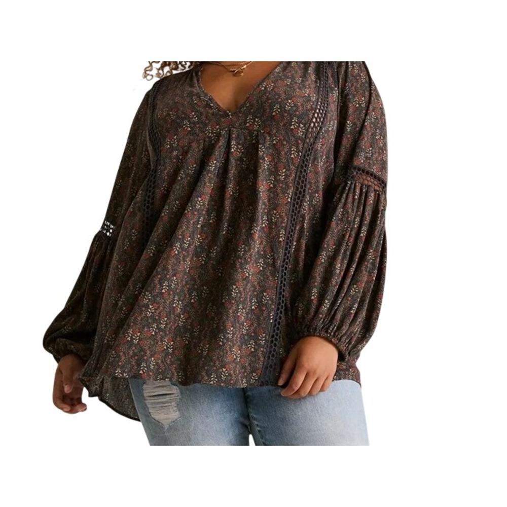 Festi Gauze Boho Tunic Floral Crochet Balloon Sleeve 3 Brown Peasant Cottagecore